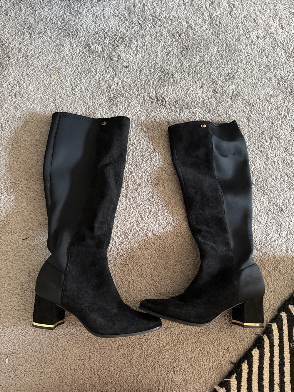 Calvin Klein Black Suede & Stretch Knee-High Boots with Gold Heel Accent